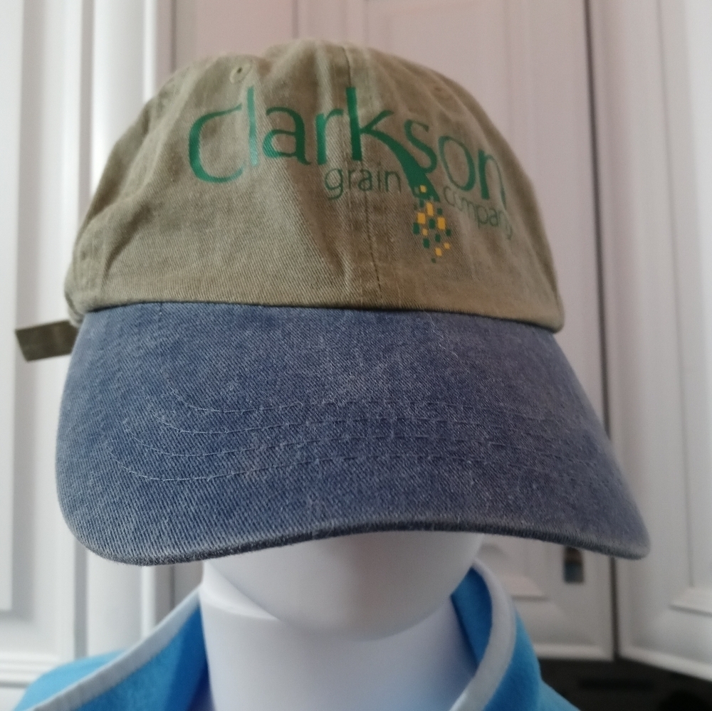 Port & Company beige/Blue Denim "CLARKSON GRAIN CO." ADJUSTABLE CAP TRUCKER HAT - Picture 1 of 7